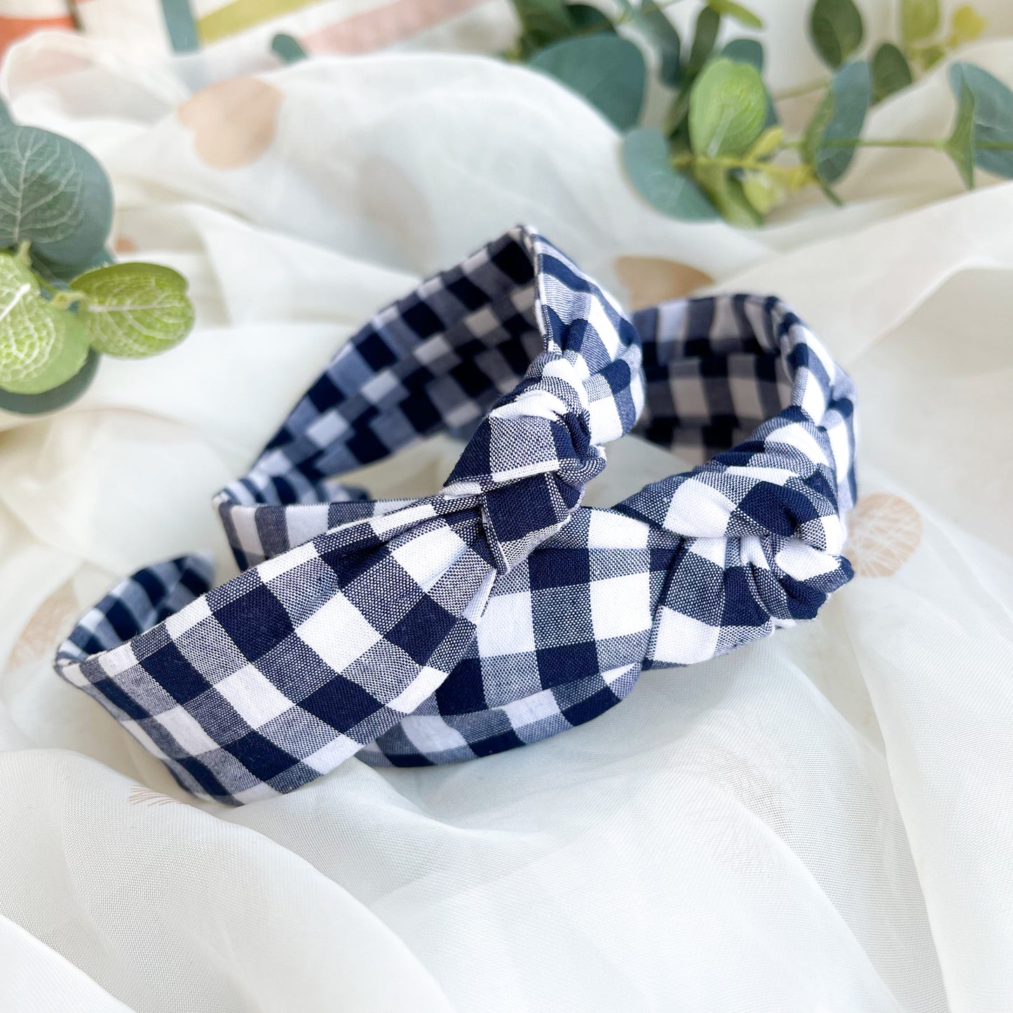 Navy Gingham MINI Knot Headband