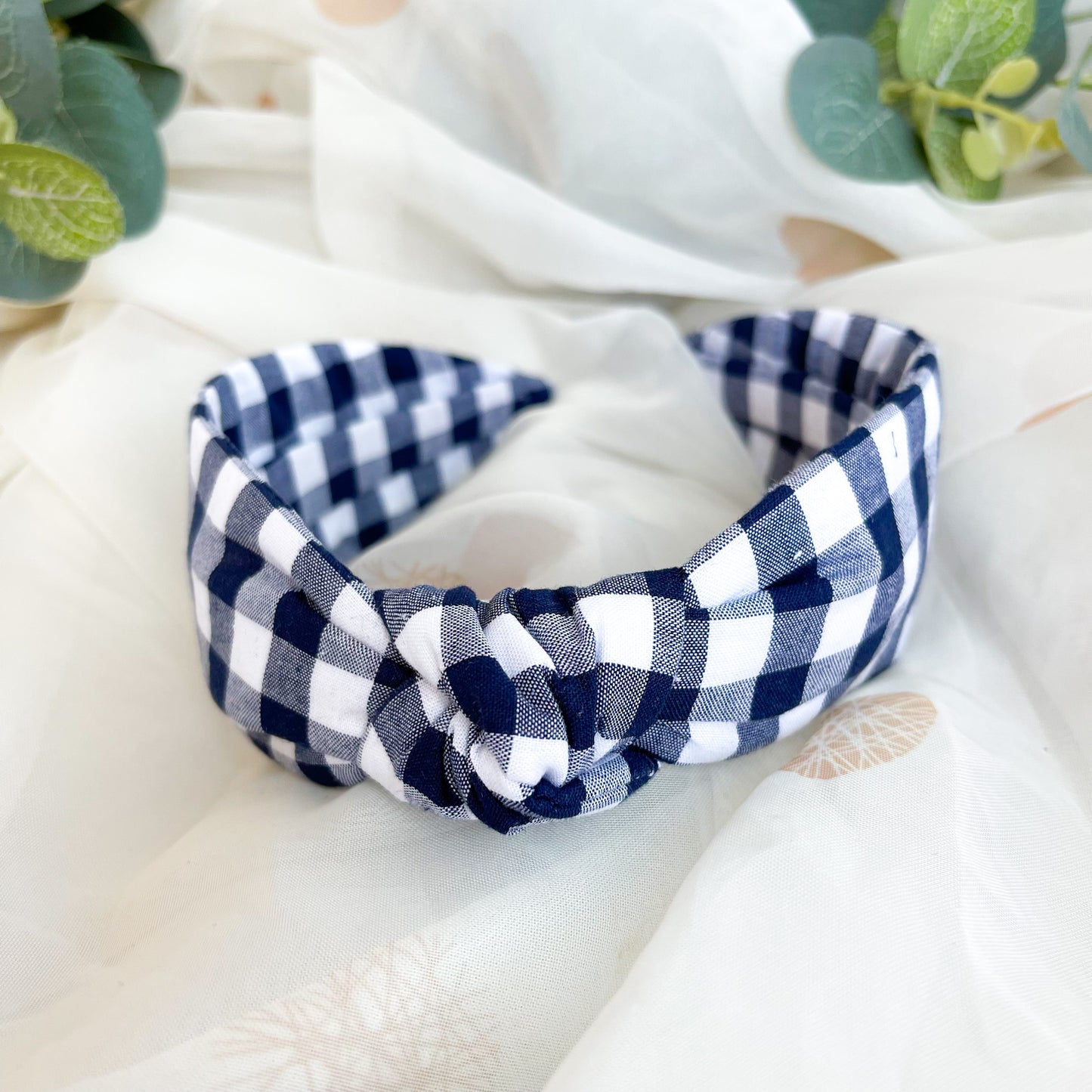 Navy Gingham Knot Headband