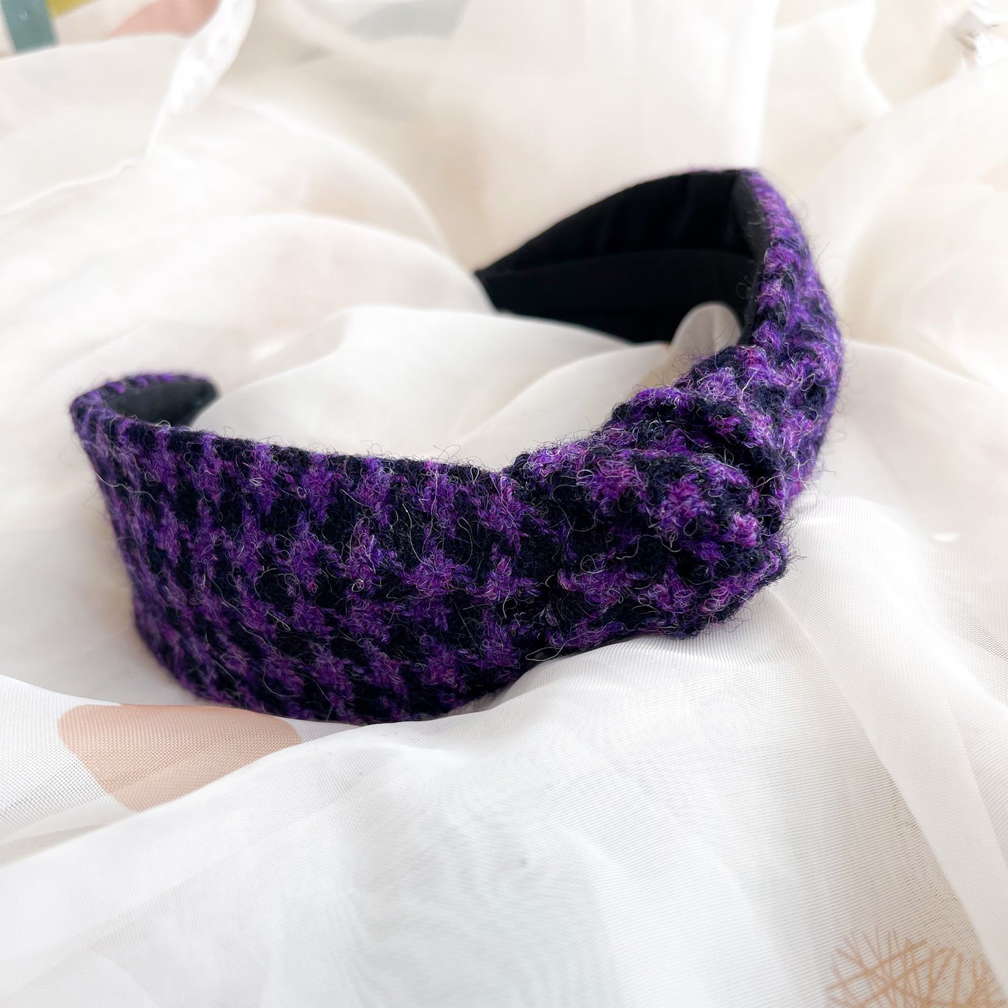 Purple Houndstooth Tweed Knot Headband