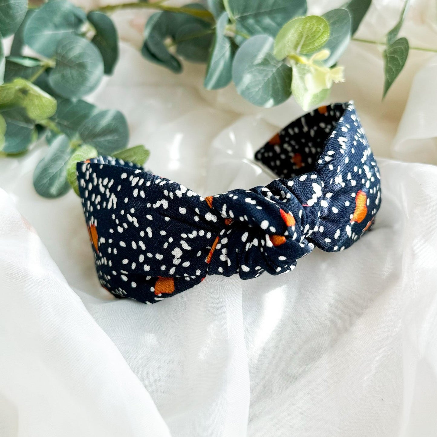 Navy and Orange Spot Knot Headband