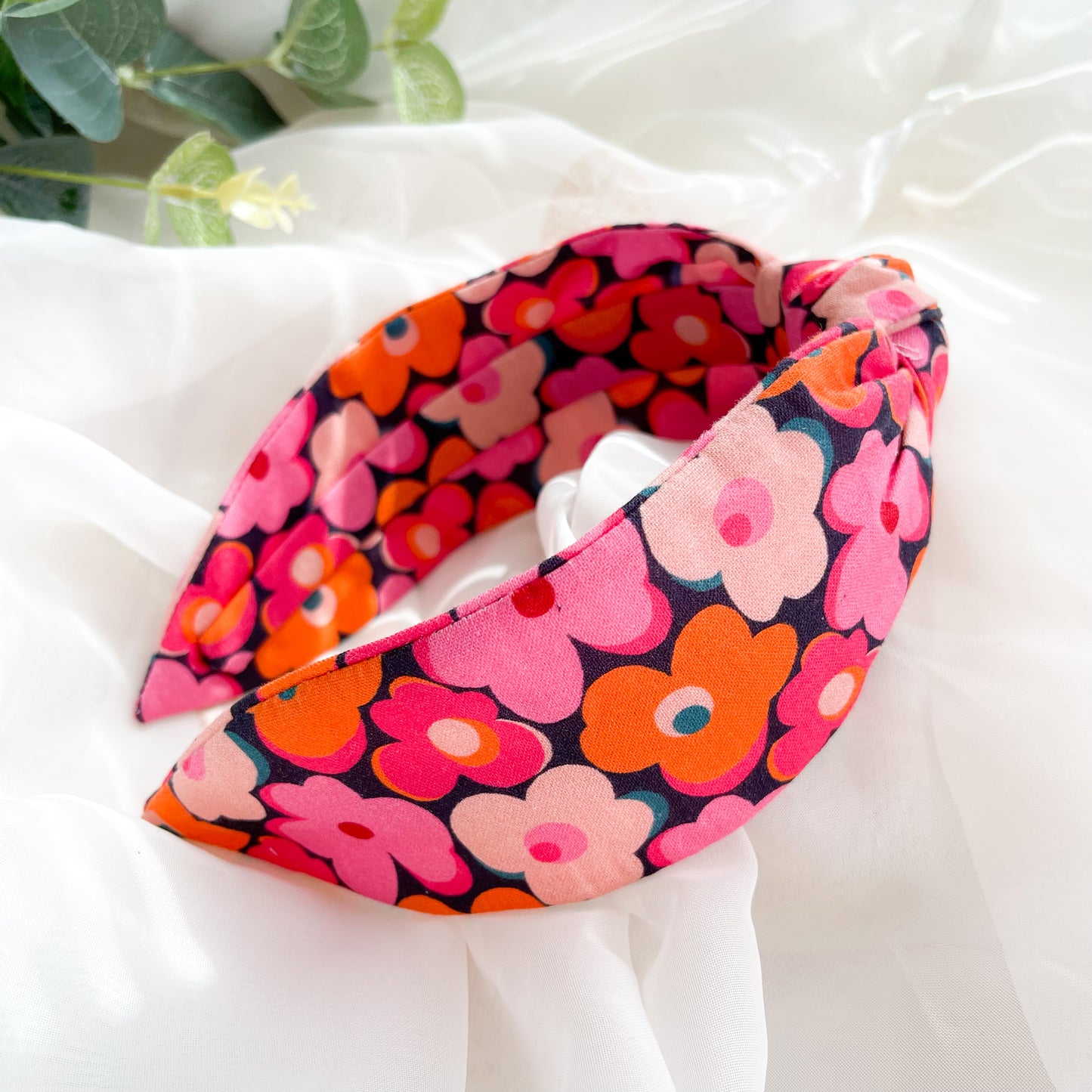 Pink and Orange Retro Floral Knot Headband