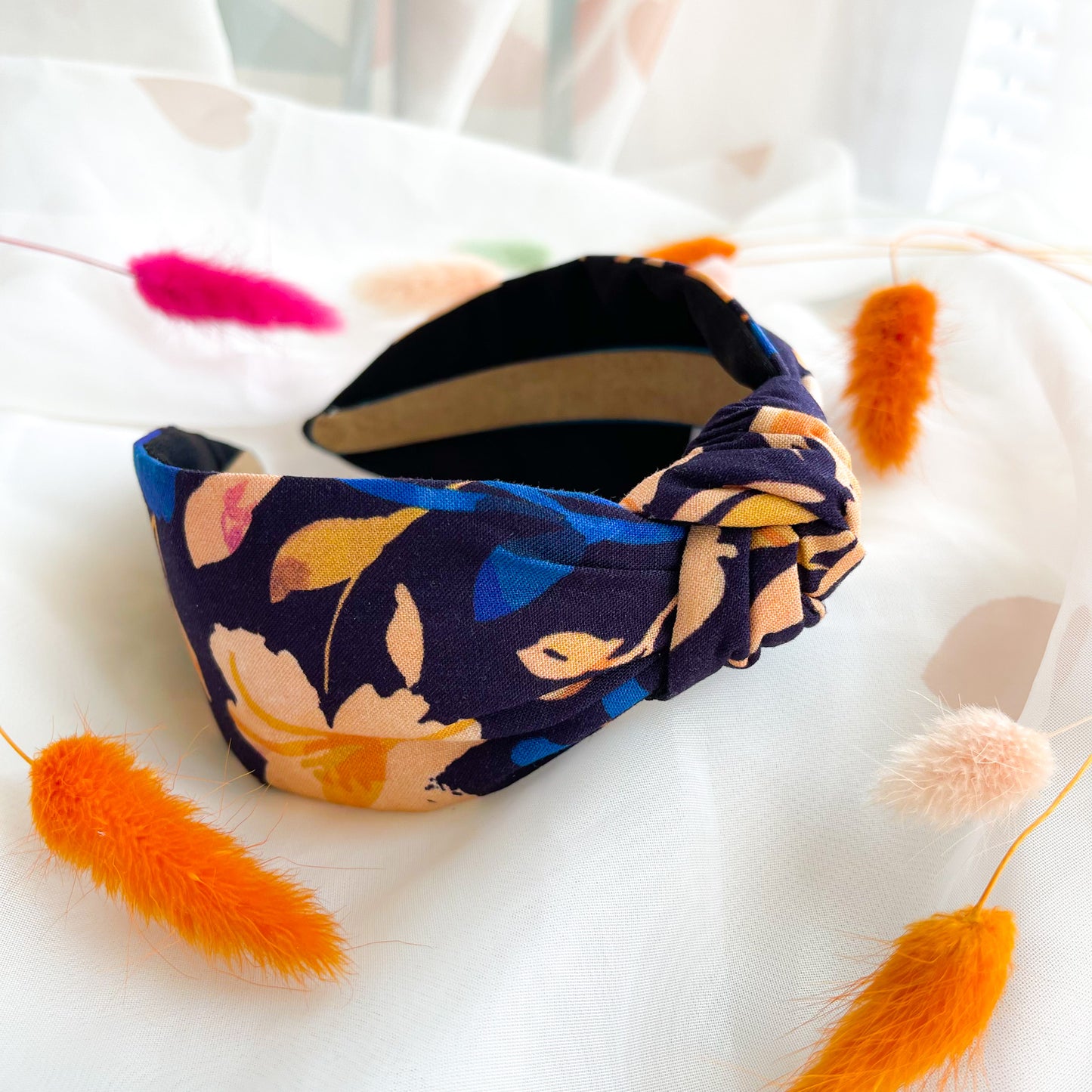 Navy Floral Satin Lined Knot Headband