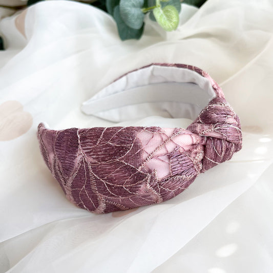 Mauve Embroidered Satin Lined Knot Headband