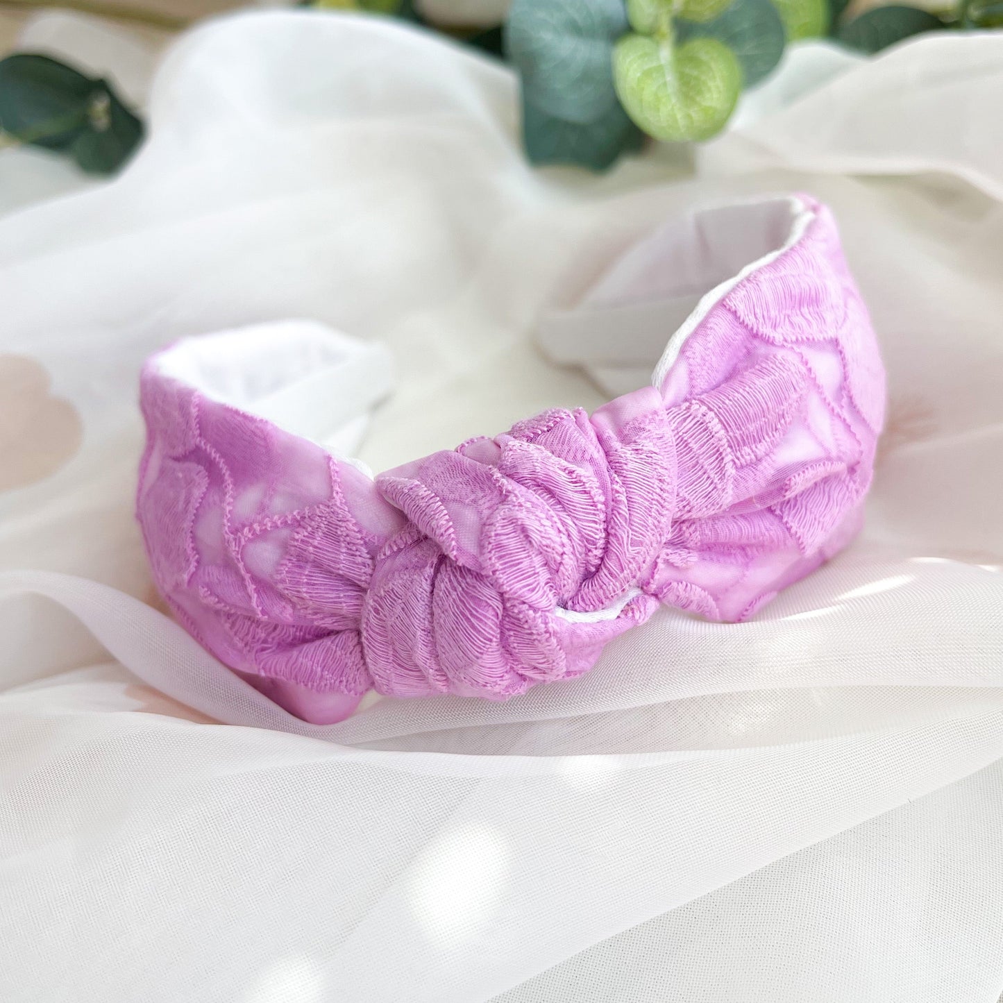 Lilac Embroidered Satin Lined Knot Headband
