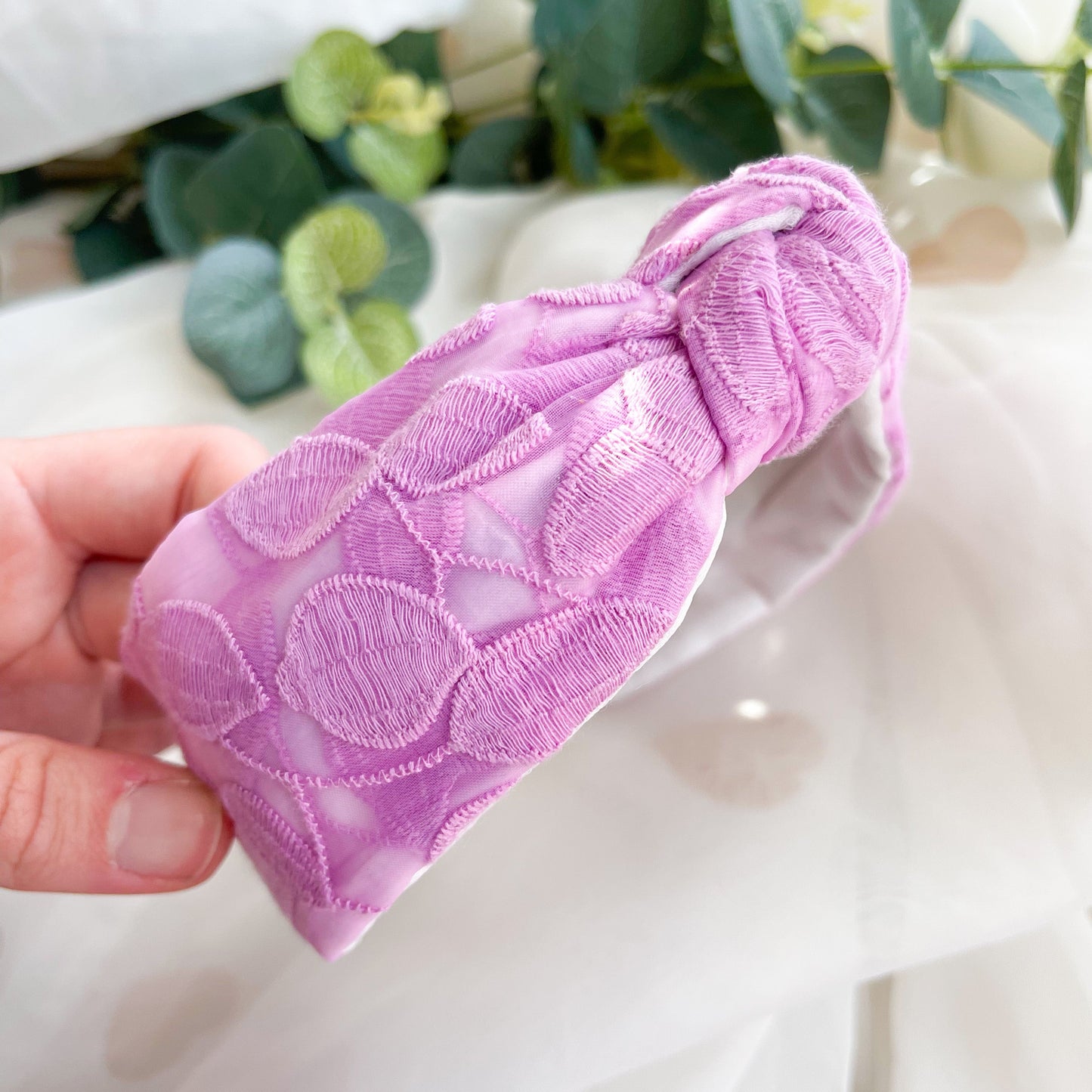 Lilac Embroidered Satin Lined Knot Headband
