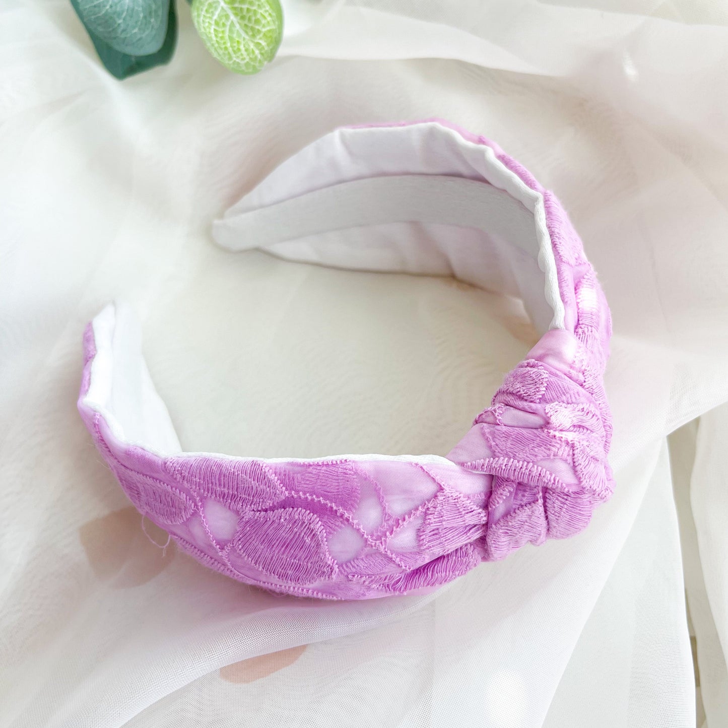 Lilac Embroidered Satin Lined Knot Headband