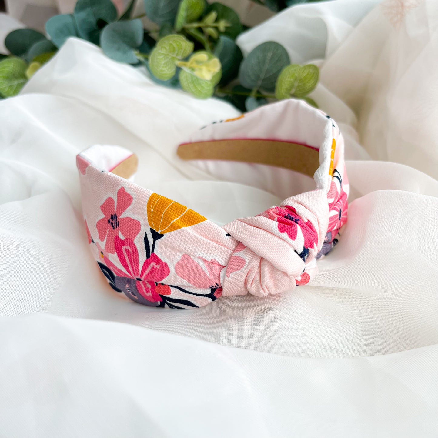 Pink Floral Satin Lined Knot Headband