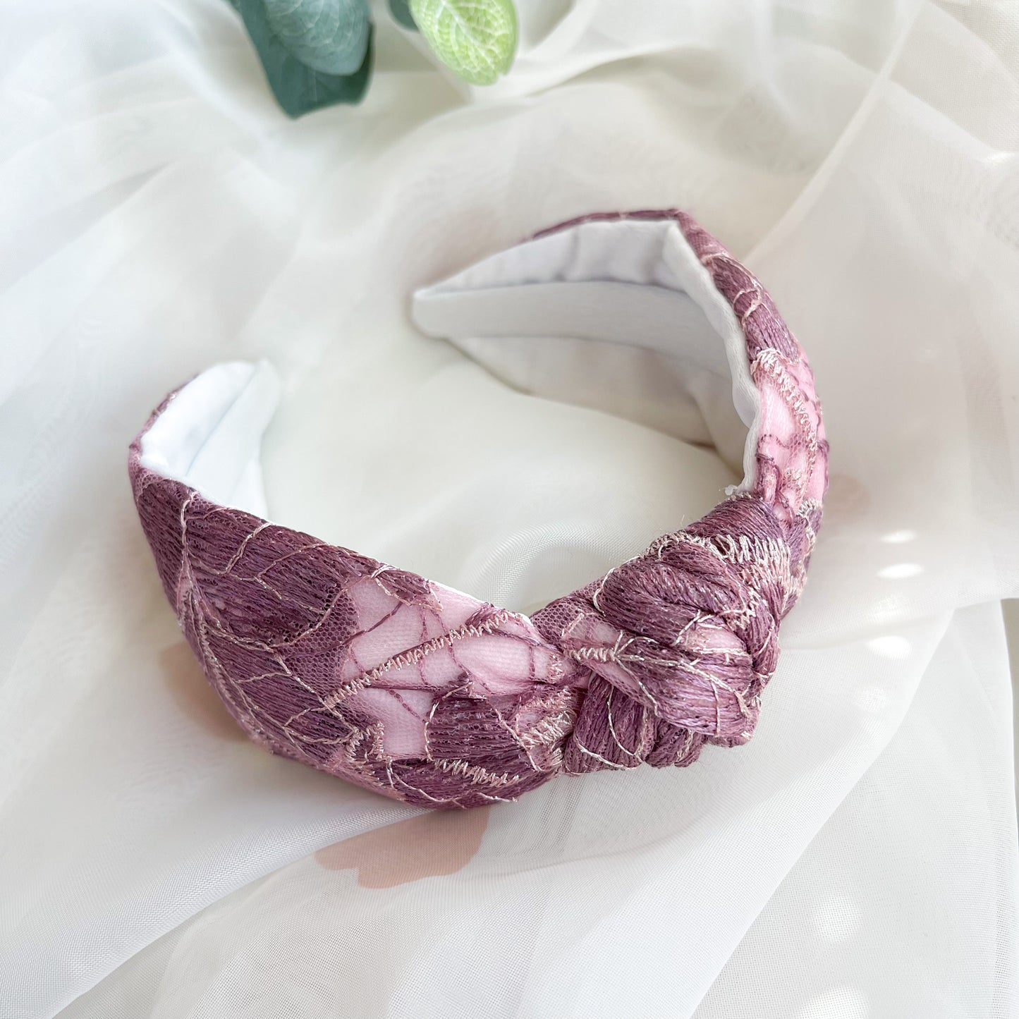 Mauve Embroidered Satin Lined Knot Headband
