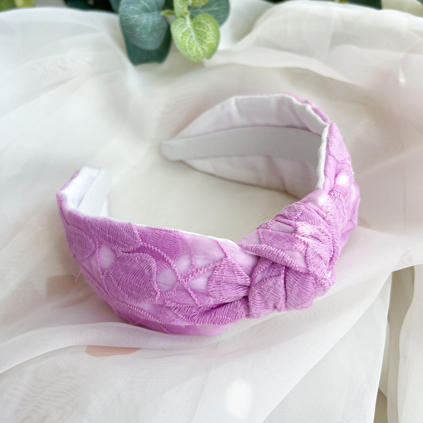 Lilac Embroidered Satin Lined Knot Headband