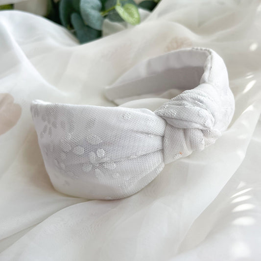 White Floral Satin Lined Knot Headband