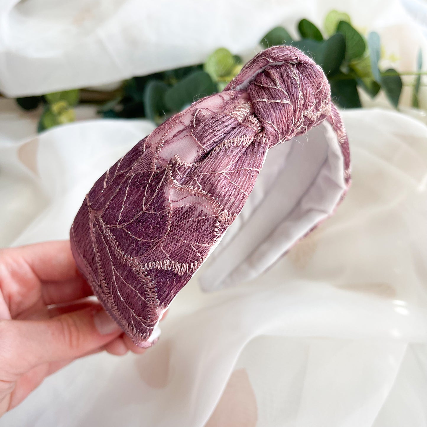 Mauve Embroidered Satin Lined Knot Headband