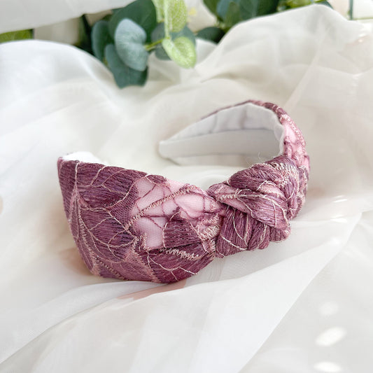 Mauve Embroidered Satin Lined Knot Headband