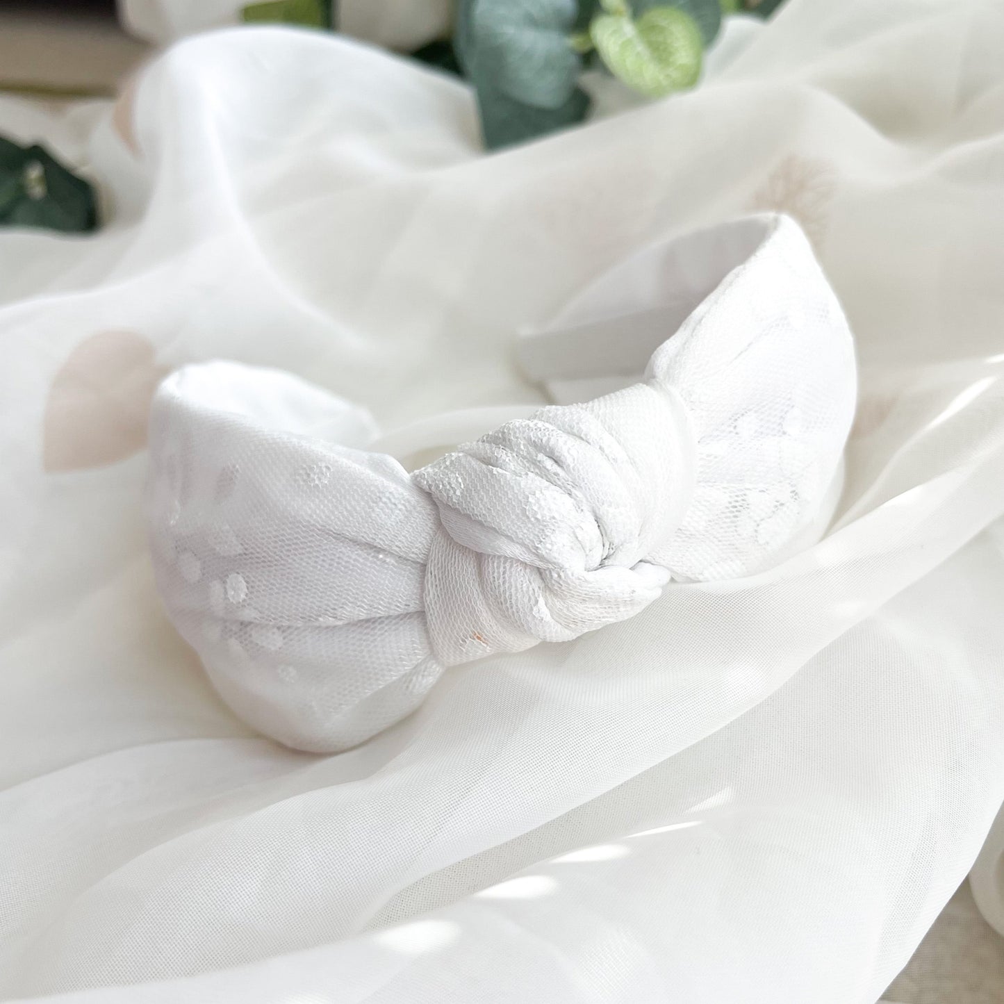 White Floral Satin Lined Knot Headband