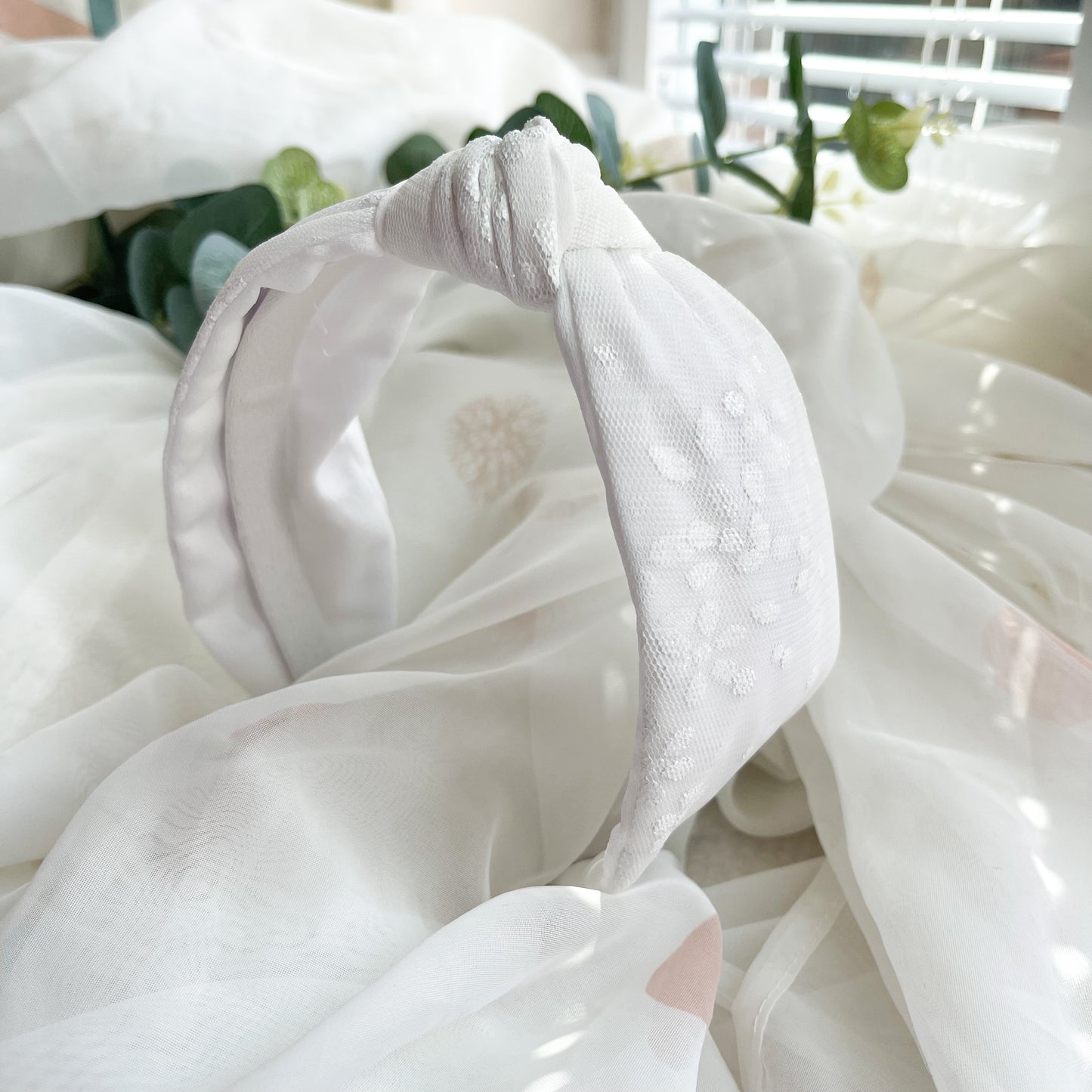 White Floral Satin Lined Knot Headband