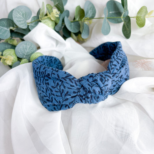Navy Blue Floral Muslin Knot Headband