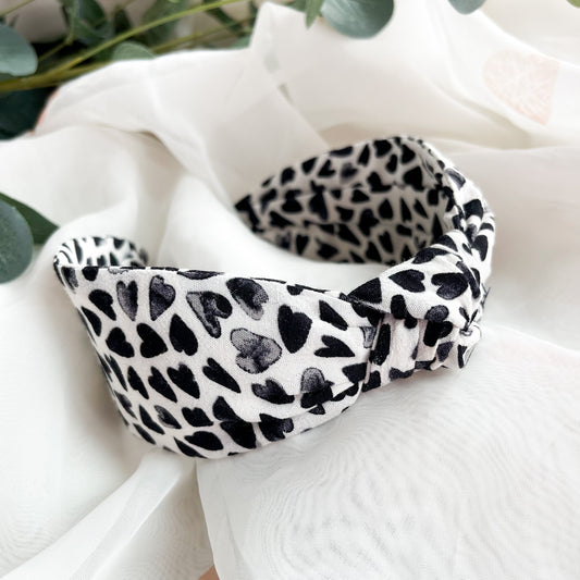 Monochrome Hearts Knot Headband