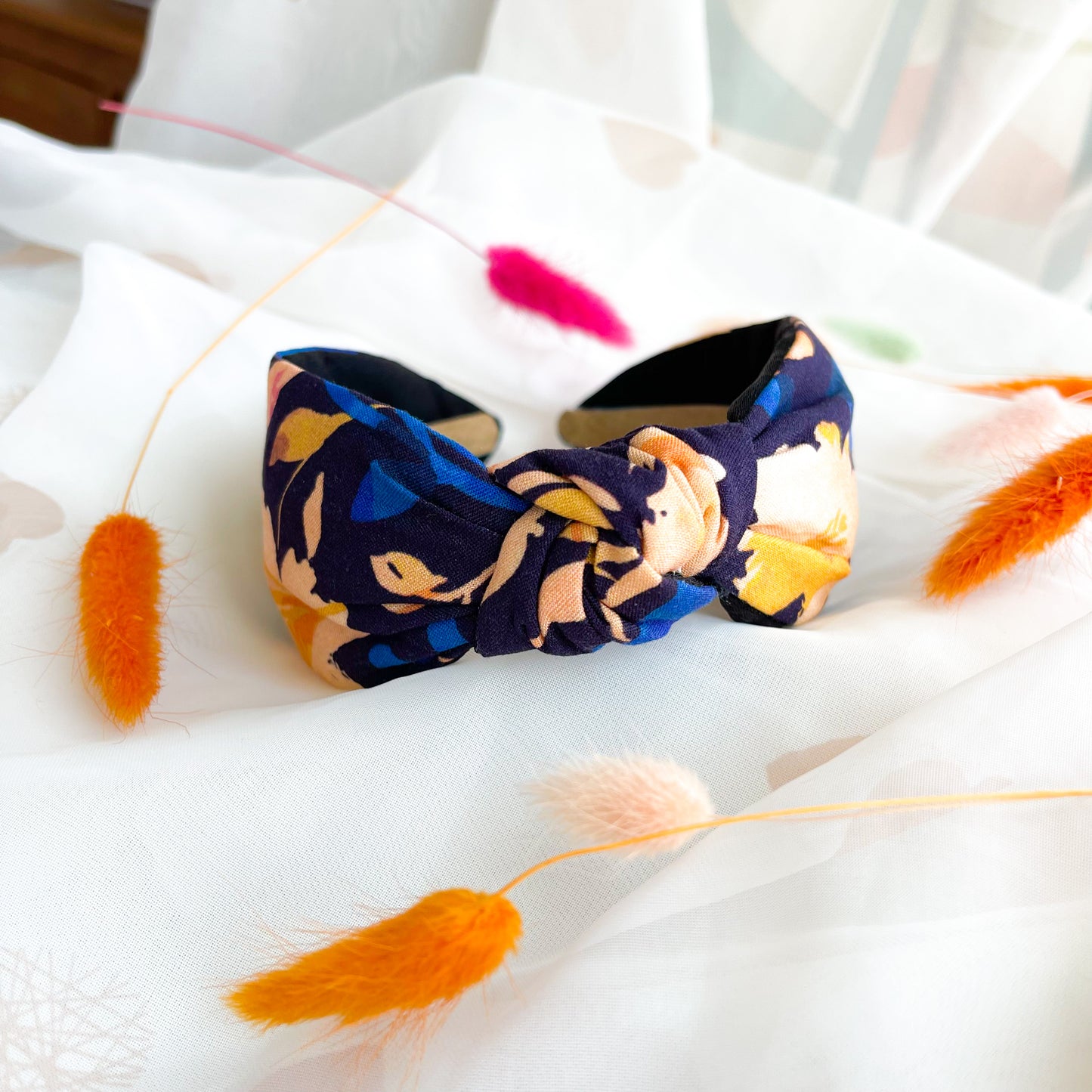 Navy Floral Satin Lined Knot Headband