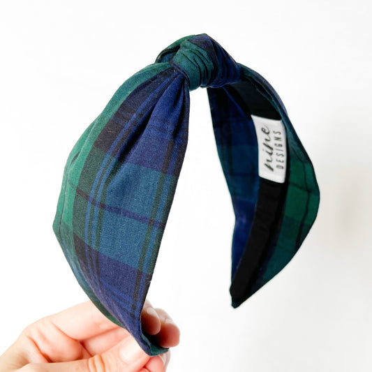 Green tartan hair accessory, top knot headband for women, festive headband
