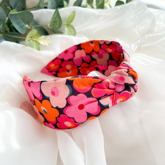 Pink and Orange Retro Floral Knot Headband