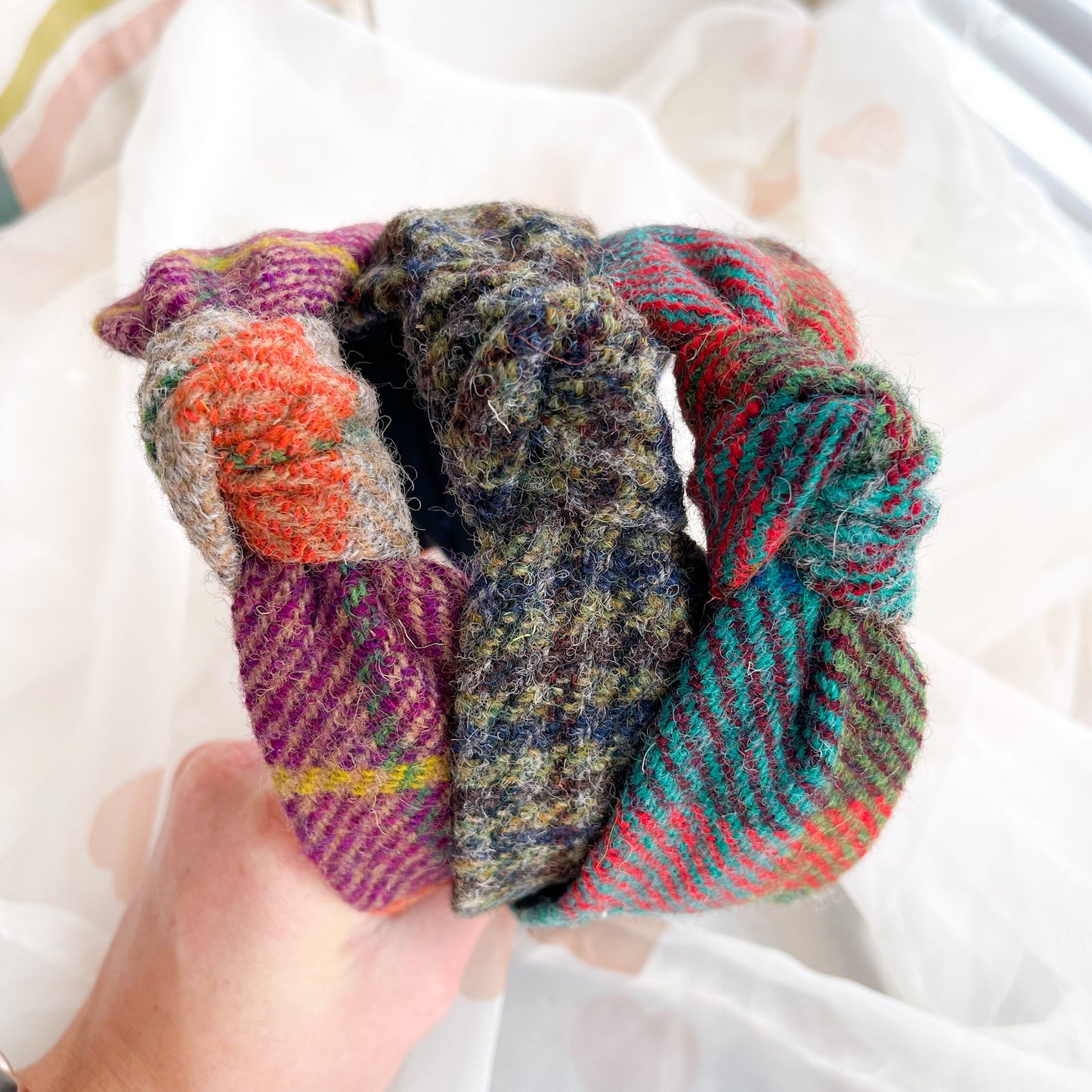Turquoise Check Tweed Knot Headband