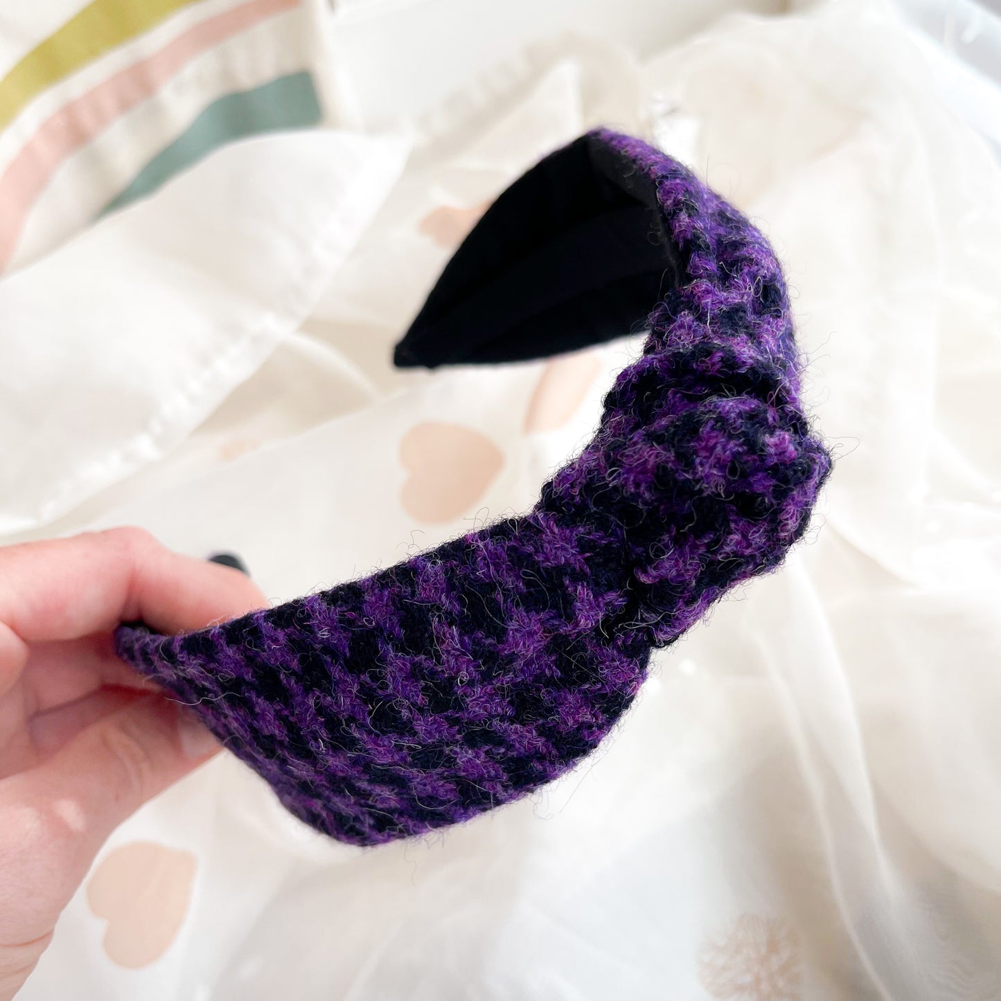 Purple Houndstooth Tweed Knot Headband