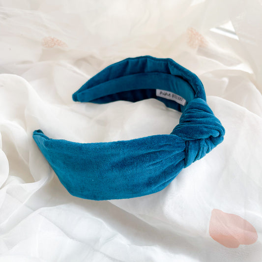 Teal blue green top knot headband for women, christmas hair accessory, flexible fabric headband