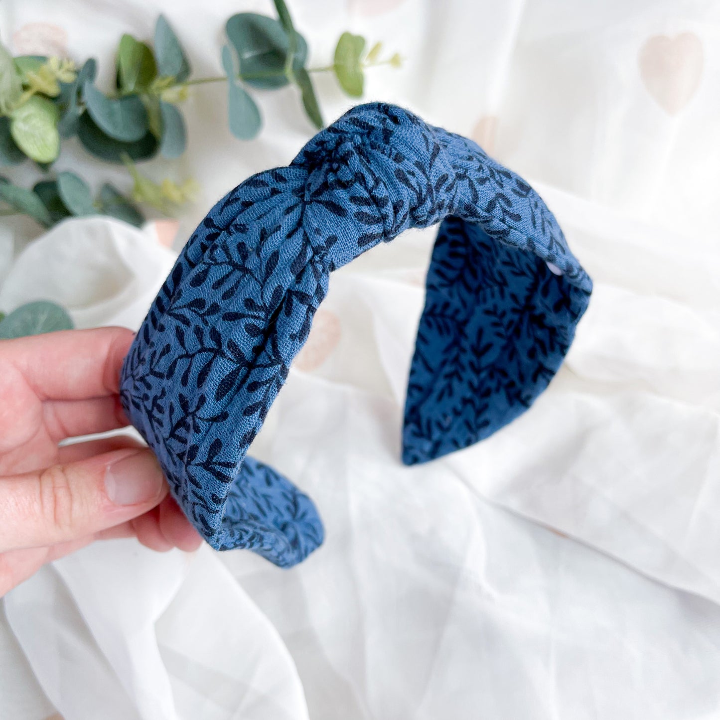Navy Blue Floral Muslin Knot Headband