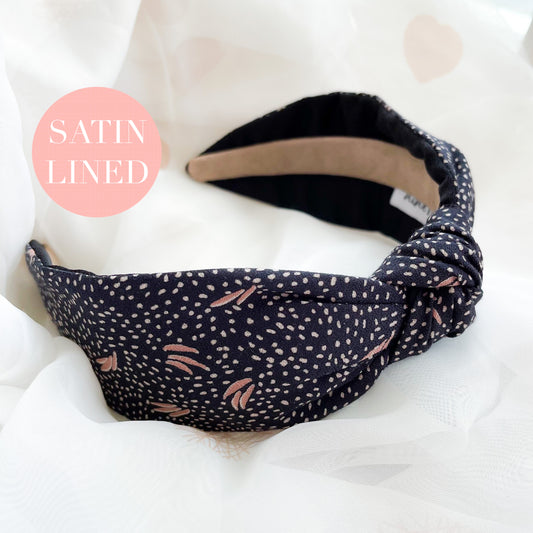 Navy Spot Satin Lined Knot Headband