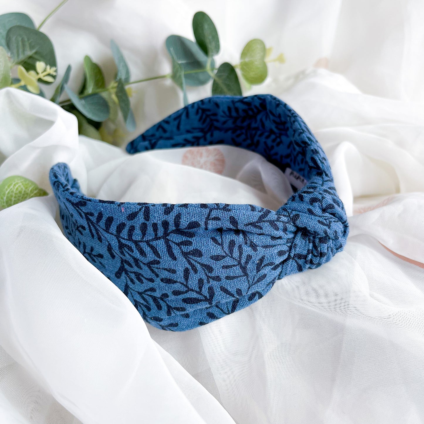 Navy Blue Floral Muslin Knot Headband