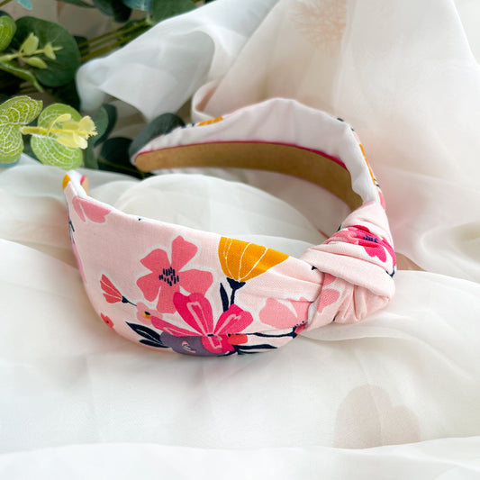 Pink Floral Satin Lined Knot Headband