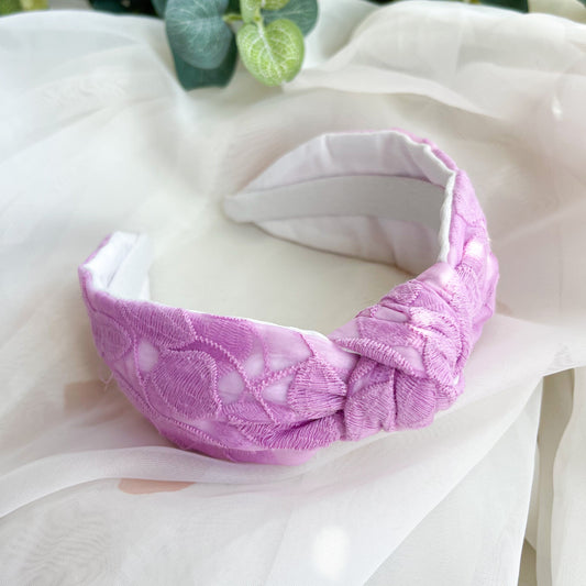 Lilac Embroidered Satin Lined Knot Headband