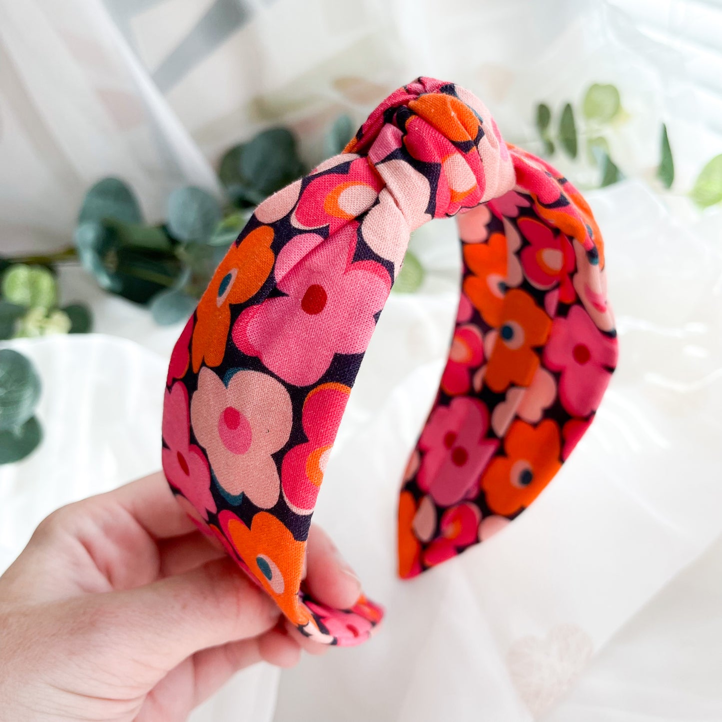 Pink and Orange Retro Floral Knot Headband