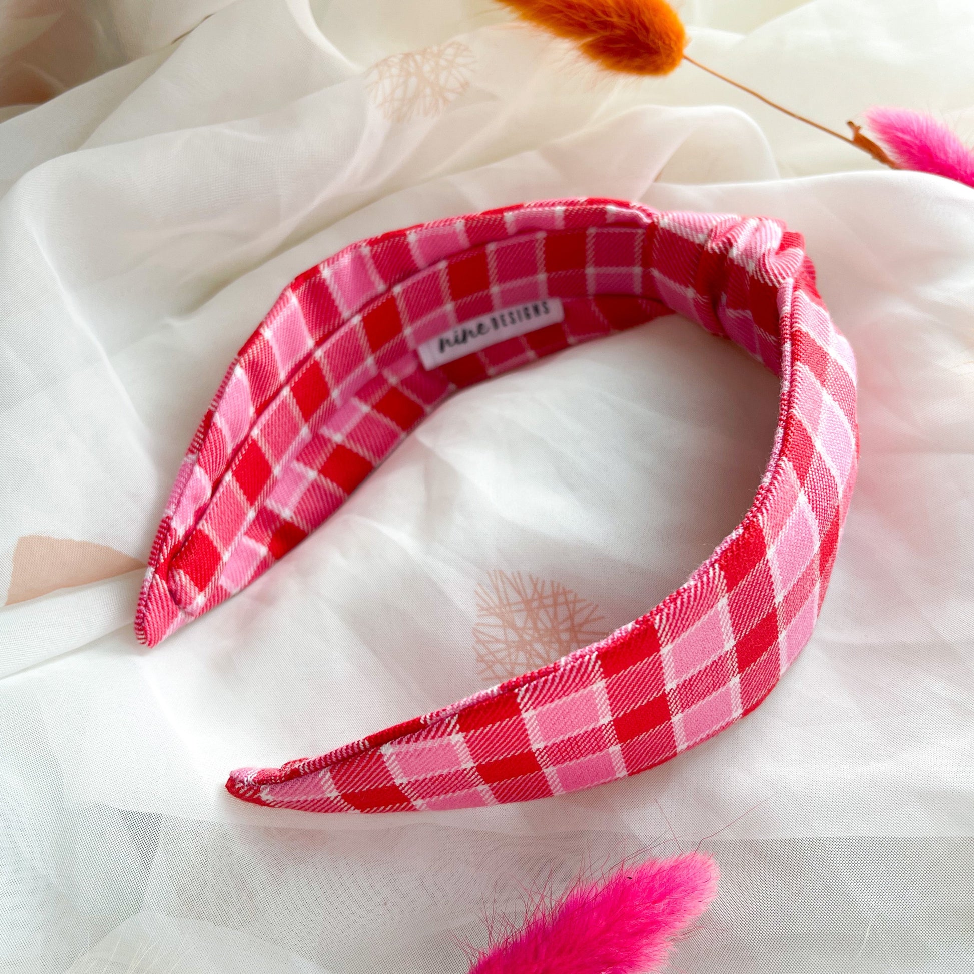 Pink and Red Tartan Knot Headband Hair Accessories by Nine Designs