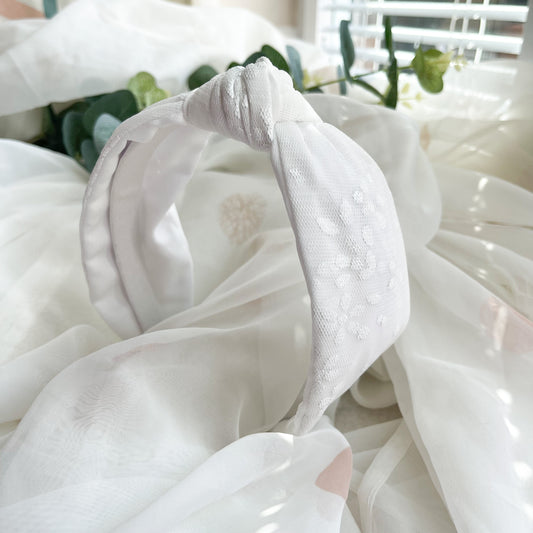 White Floral Satin Lined Knot Headband