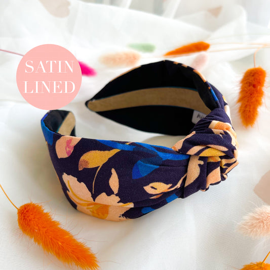Navy Floral Satin Lined Knot Headband