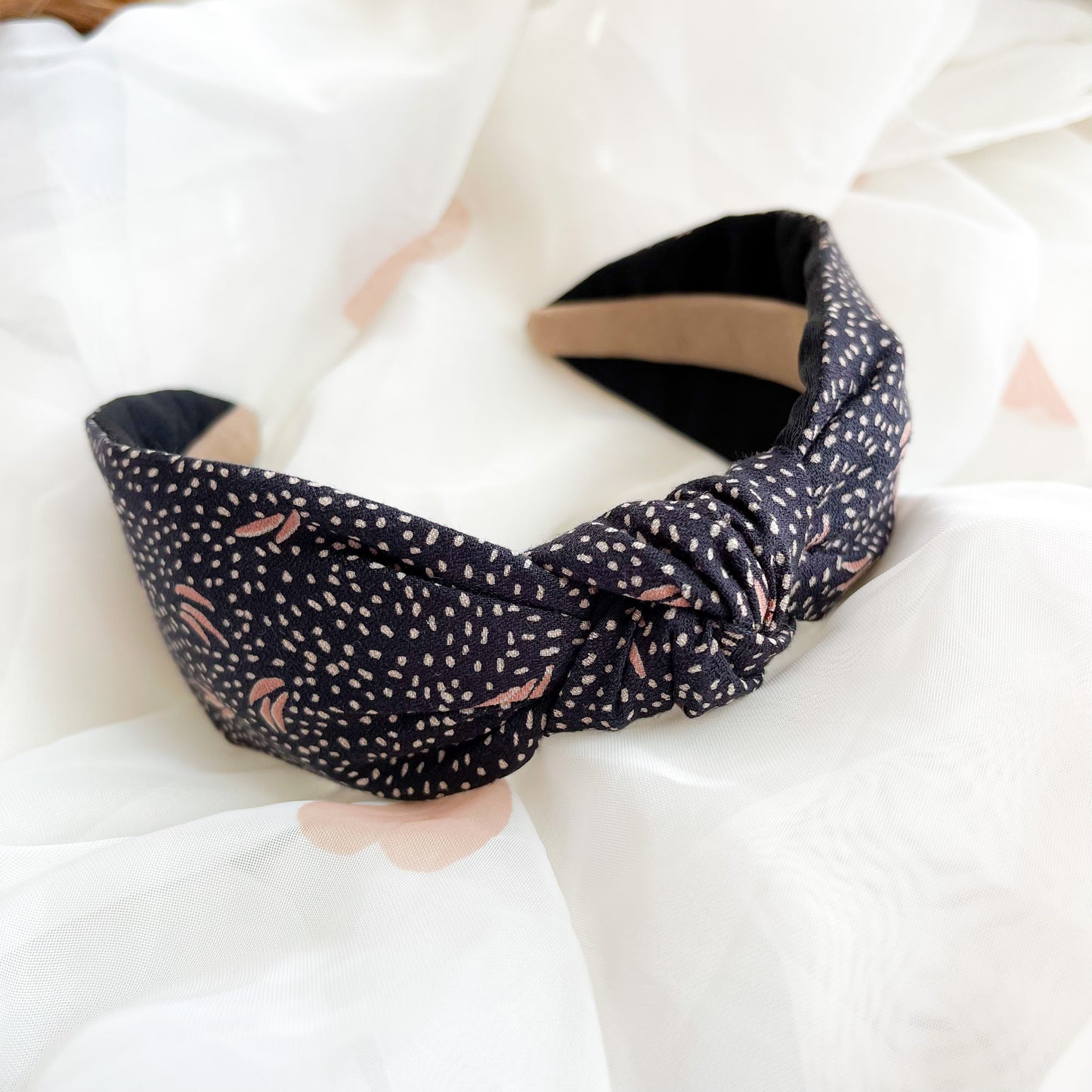 Navy Spot Satin Lined Knot Headband
