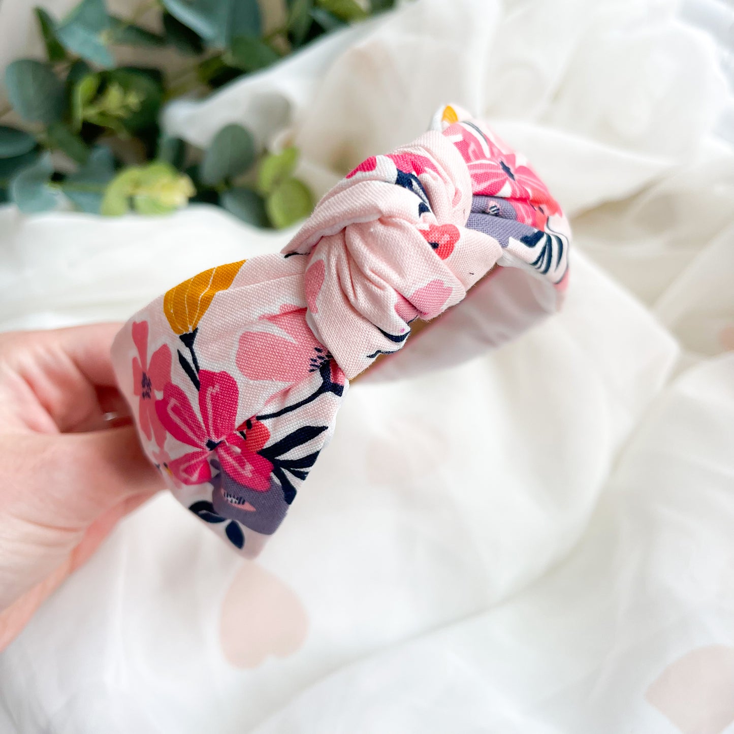 Pink Floral Satin Lined Knot Headband