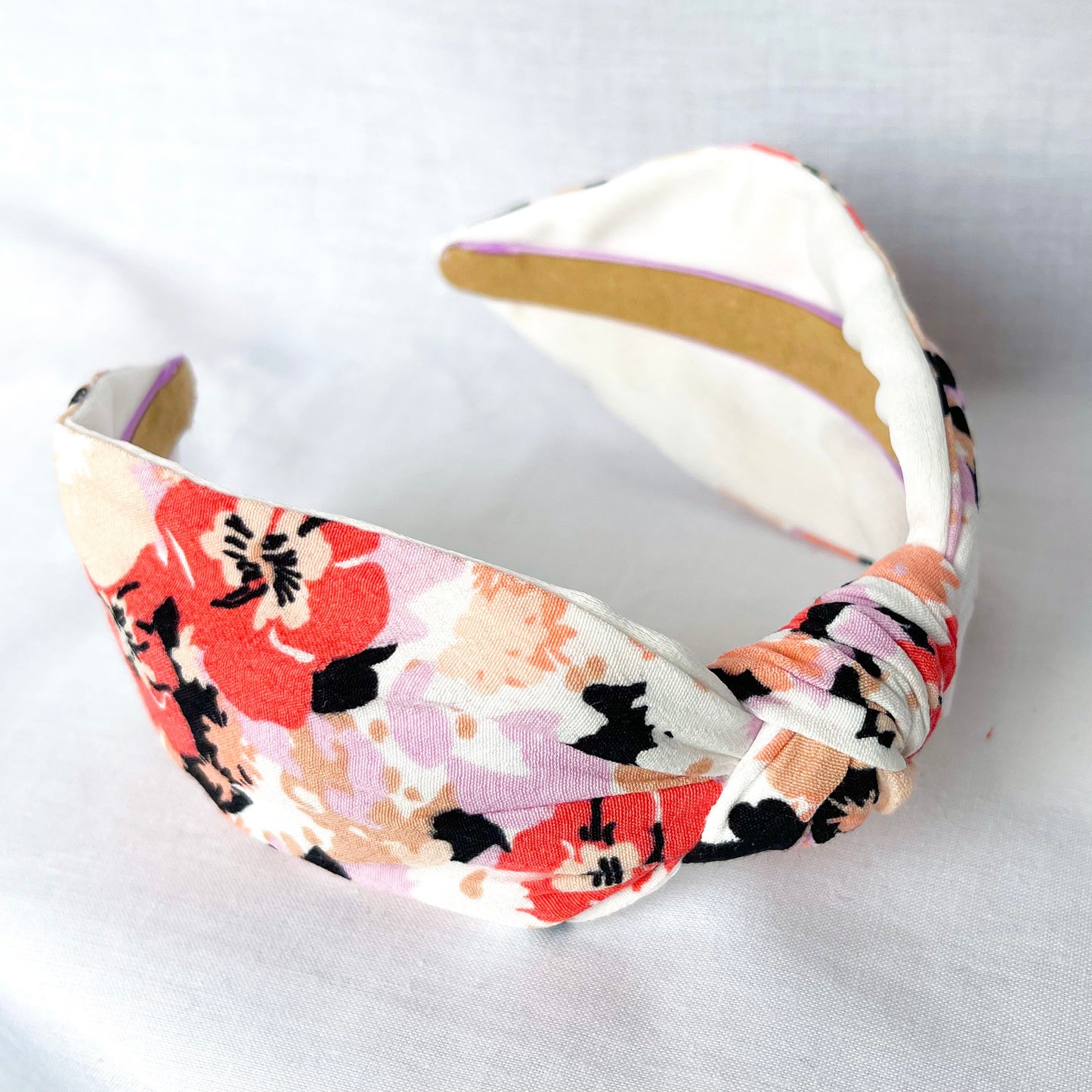 Satin lined floral headband, silk top knot headband, curly hair accessory